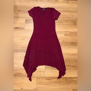 Women’s Burgundy Jersey Knit Dress Size S  Handkerchief Hem Casual Midi Dress